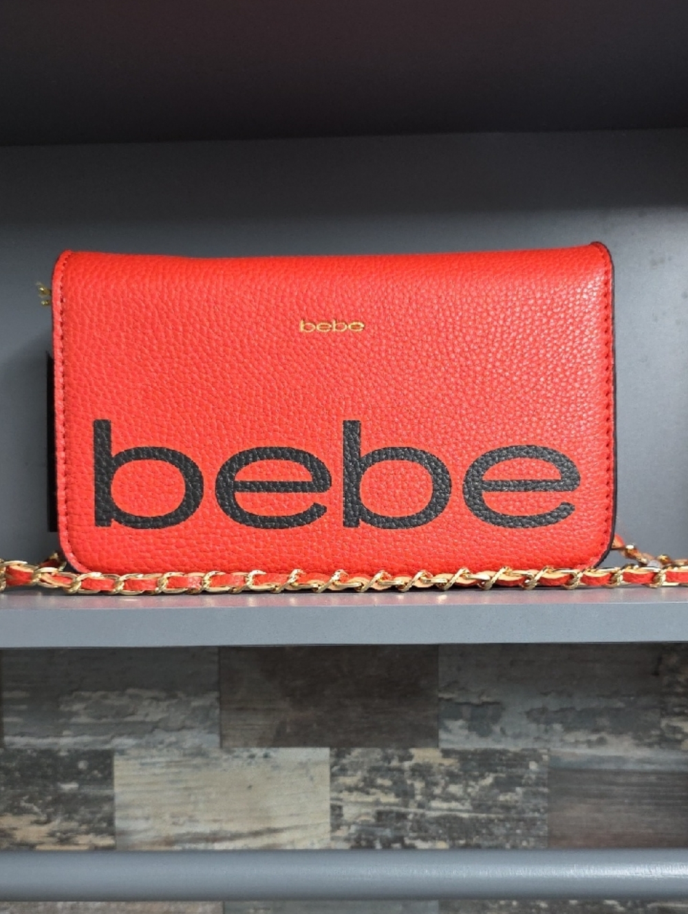 bebe Red Crossbody with Black Logo and Gold Chain